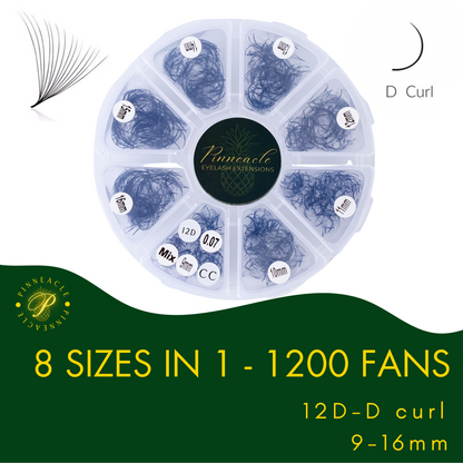 12D Volume | 1200 Premade Volume Fans - 8 sizes in 1 box | Lengths : 9-16mm | Round Box